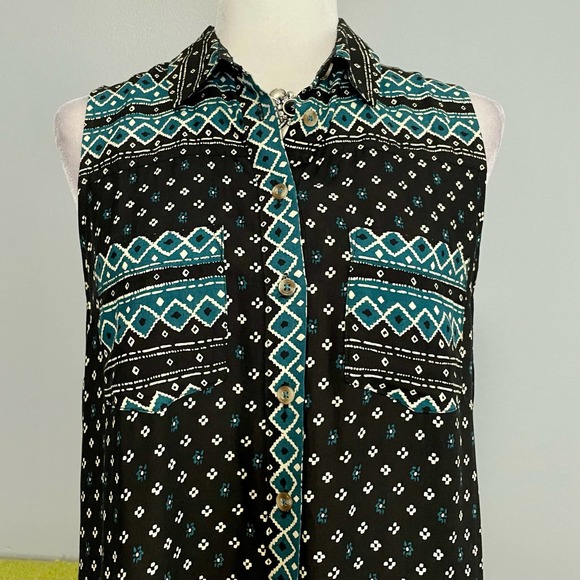 Akemi + Kin Anthropologie Ira Black Blue & White Tunic Tank Top - Picture 2 of 6